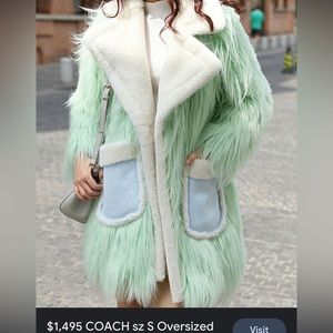 COACH Oversized Mint Green Fluff Shearling-trimmed Faux Fuzzy Coat Women - XS